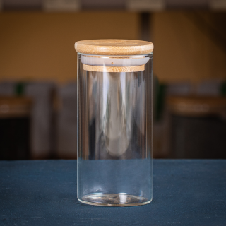 Glass container for loose products with bamboo lid (5,5x11 cm, approx. 0,2 L)