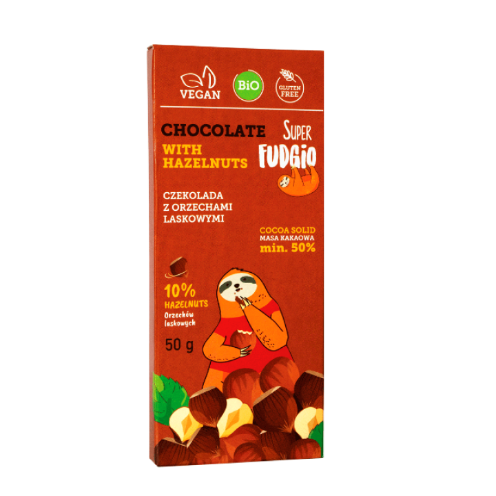 Organic chocolate with hazelnuts, 50 g, SUPER FUDGIO