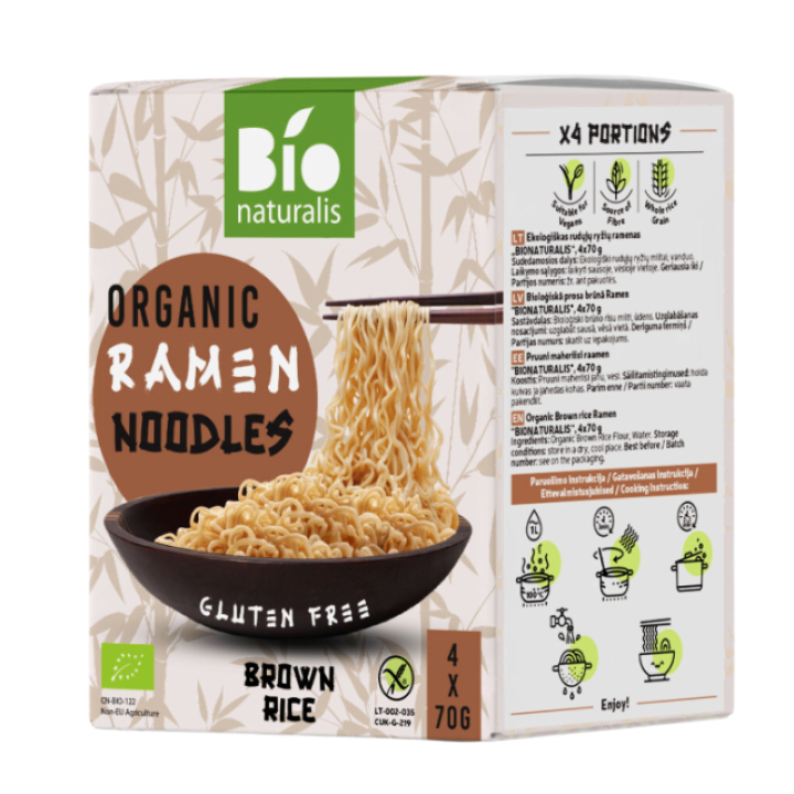 Ekologiški rudųjų ryžių makaronai Ramen, be glitimo, 70gx4vnt