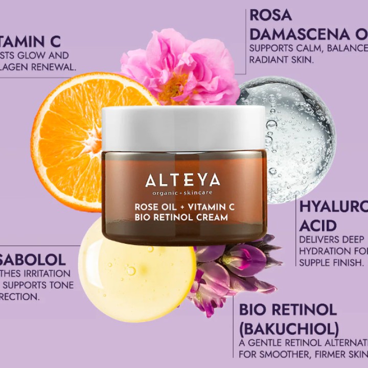 Ekologiškas LUMINOUS ROSE BIO RETINOL veido kremas - rožių aliejus + vitaminas C, 50 ml