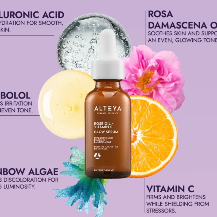 Ekologiškas LUMINOUS ROSE GLOW serumas - rožių aliejus + vitaminas C, 30 ml